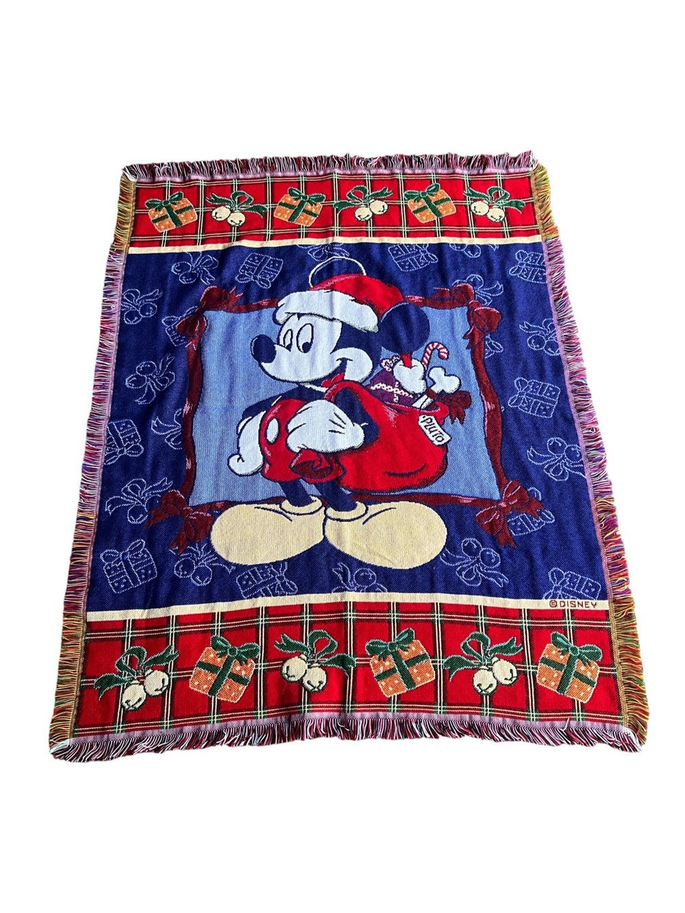 Vintage Disney Mickey Mouse Christmas Woven Tapestry Throw Blanket Made USA